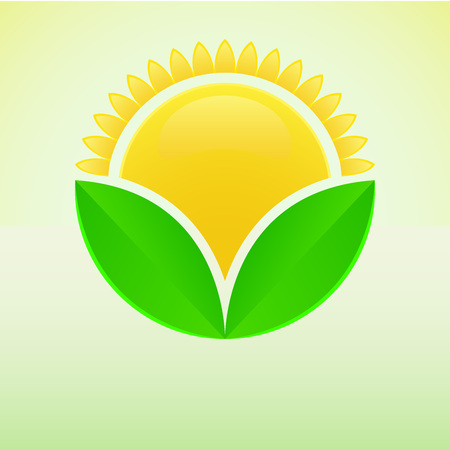 Yellow sun and green leaves eco sign vector template.のイラスト素材