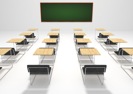 Abstract school classroom with blackboard and school-desks. Educational background 3D rendering.の写真素材