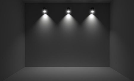 Small room illuminated with three spotlights. 3D rendering of dark interior with wall lights.の写真素材