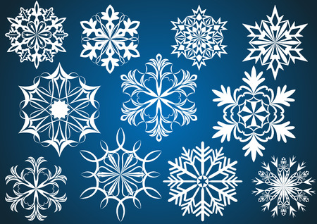 Set of white vector snowflakes isolated on dark blue background.のイラスト素材