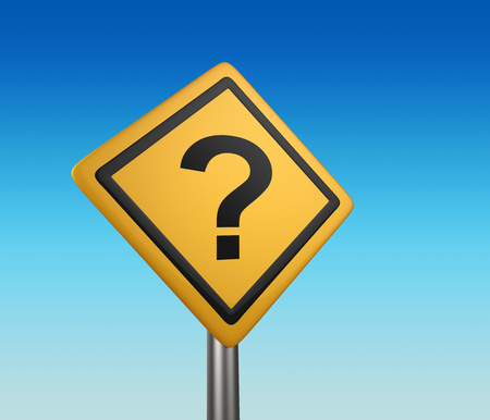 Yellow diamond shaped road sign with question mark. Uncertainty concept. 3D rendering.の写真素材