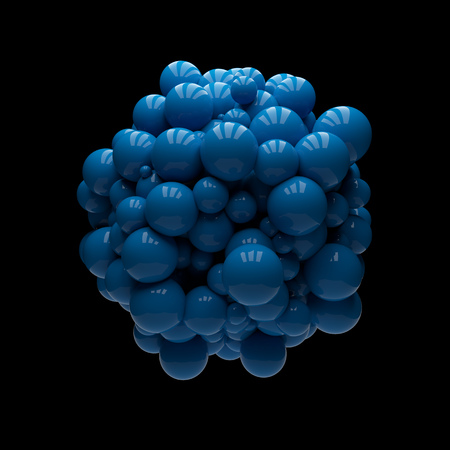Group of blue glossy spheres attracted to each other on black background. 3D rendering.の写真素材