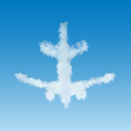 White plane shaped cloud flying away on blue sky background. 3D illustration.の写真素材