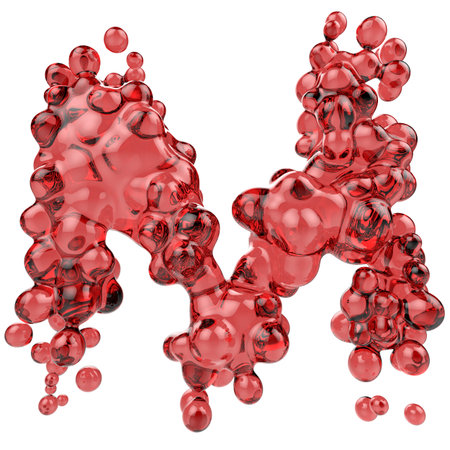 Letter M made of bubbly red glass isolated on white background. 3D rendering.の写真素材