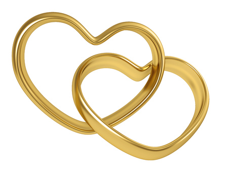 Two linked golden rings in the shape of heart isolated on white background. 3D rendering.の写真素材