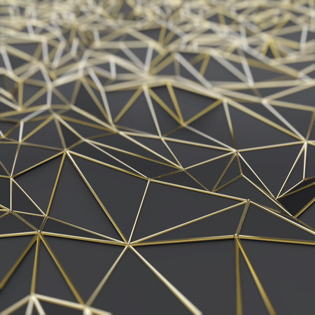 Abstract black polygons with gold frame 3D rendering background.