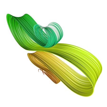 Yellow and green 3D bent brush paint stroke isolated on white background. 3D rendering. Colorful joyful design with copy space. Color oil paint circular smear.の写真素材