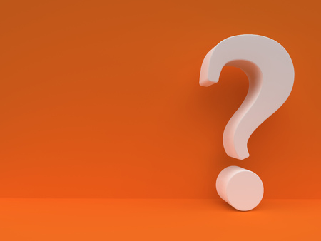 White Question mark against orange wall. Questionnaire design template. Concept background. 3D rendering.の写真素材
