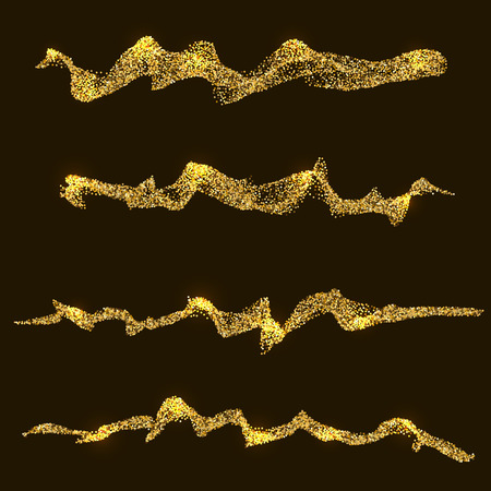 Gold tinsel abstract flow festive vector set. Abstract golden particles wave effect.のイラスト素材