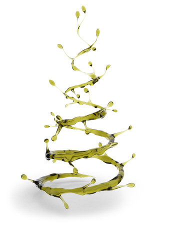 Olive oil splash in shape of Christmas tree isolated on white background. 3D rendering.の写真素材