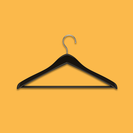 Boutique shop black clothes hanger isolated on yellow background. Minimalistic fashion background. 3D rendering.の写真素材
