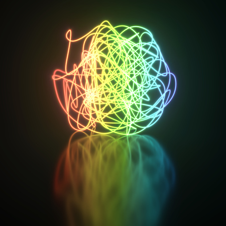 Colorful neon light tangle ball on reflective floor background. 3D rendering.の写真素材