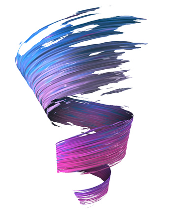 Colorful blue, violet and magenta 3D brush paint stroke swirl isolated on white background. 3D rendering. Colorful joyful design. Color oil paint curved smear.の写真素材