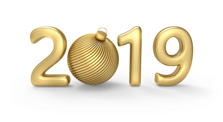 New 2019 year gold figures with Christmas ball instead of 0 figure. Holiday background. 3D...