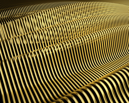 Smooth gold string surface waves background. Modern luxury poster, banner, front page design. 3d rendering abstract backdrop.の写真素材
