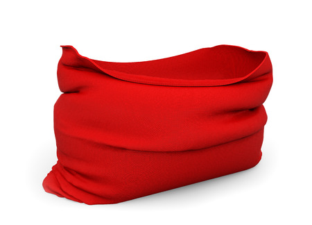 Empty opened red Christmas Santa Claus gift sack isolated on white background. 3D rendering.の写真素材