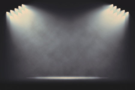 Rows of side spotlights illuminating empty stage background. Raster illustration lightning template.