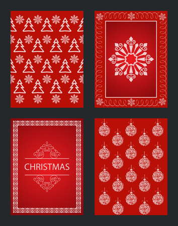 Red Christmas cards with different winter ornaments. Greeting cards template. Vector Illustration.のイラスト素材