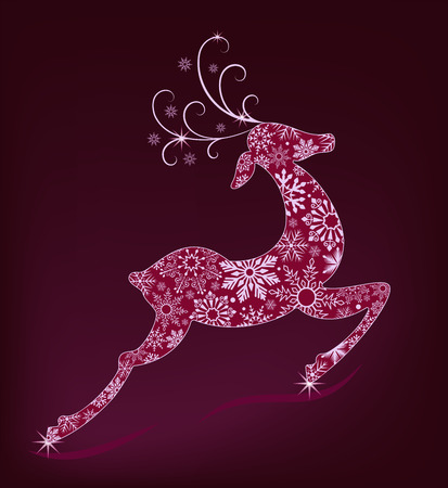 Christmas card with jumping deer filled with snowflake pattern. Winter vector illustration.のイラスト素材