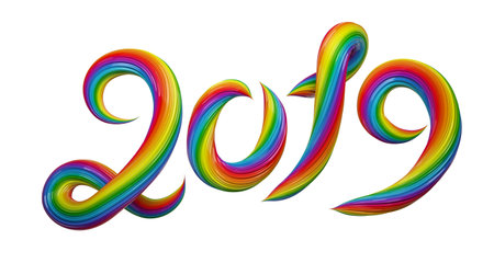 Abstract colorful gradient 2019 New Year 3D paint swirls isolated on white background. 3D rendering.