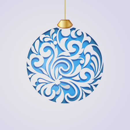 Christmas background with hanging ornamental decoration ball. Paper cut decoration backdrop. Christmas greeting card design. Vector illustration.のイラスト素材