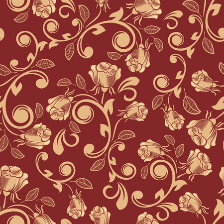 Seamless red and gold rose flowers vector backgroundのイラスト素材
