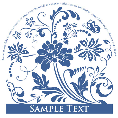 Blue Gzhel flower label design with white background. Vector illustration.のイラスト素材
