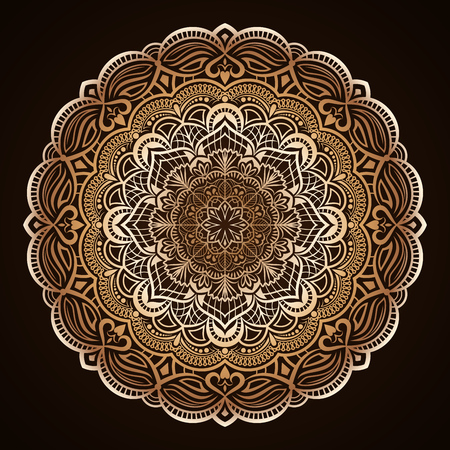 Beige and brown round floral element vector illustration. Circular flower line art design isolated on black background. Coffee product packaging print design.のイラスト素材
