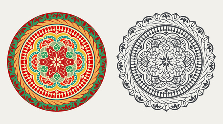 Colorful and black and white round floral element vector illustration. Circular flower line art design isolated on black background.のイラスト素材