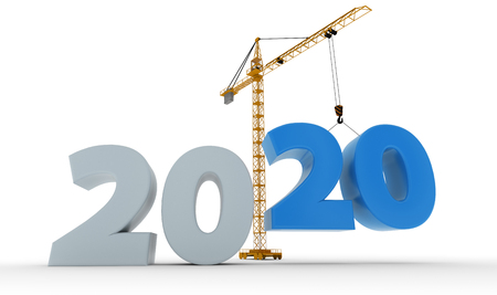 New 2020 year construction background with tower crane setting down blue twenty figure. 3D rendering. 2020 year calendar design.の写真素材