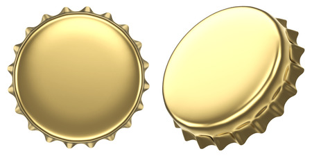 Blank golden beer bottle cap isolated on white background. 3D rendering.の写真素材