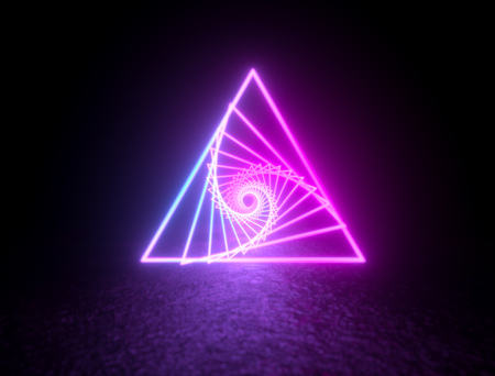 Glowing vibrant neon triangle lines background. Minimal colorful technology backdrop. 3d renderingの写真素材