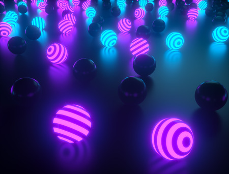 Abstract striped glowing balls background. Neon light spheres scattered on the floor. Technology background. 3D rendering.の写真素材
