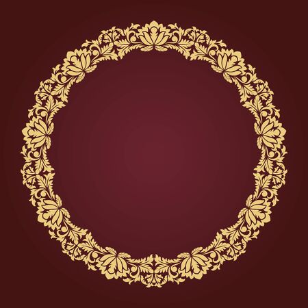 Yellow and dark purple round floral frame vector illustration. Circular gold flower design background.のイラスト素材