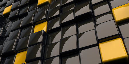 Black and yellow cubes wall with light reflection abstract background. 3D rendering.
