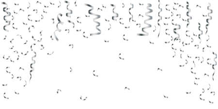 White background with falling serpentine and ribbons. Image for fun, party, celebration. Horizontal colorful template. Stock Photo.のイラスト素材