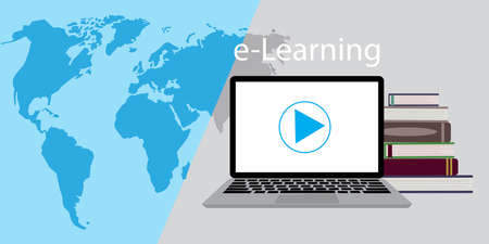 E-learning earth. Digital communication. Online school. Education technology concept. Global social network. Social media vector. Stock image.のイラスト素材