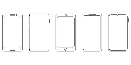 Doodle button with mobile phone outline. Silhouette vector illustration. Smartphone blank screen, phone mockup. Line icon.のイラスト素材