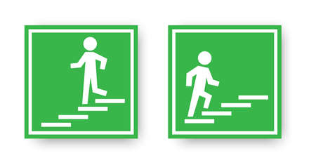 Down and up stairs icon in frame on green background. Emergency evacuation sign. Vector illustration. Stock image.のイラスト素材
