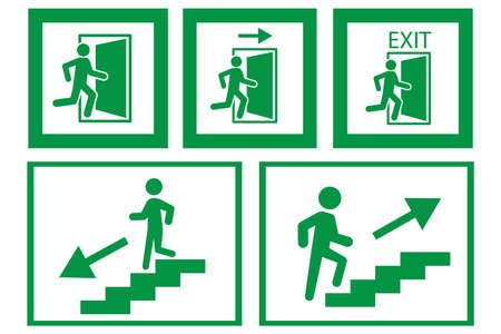 Running man and exit door sign on white background. Emergency exit icon in frame. Vector illustration. Stock image.のイラスト素材