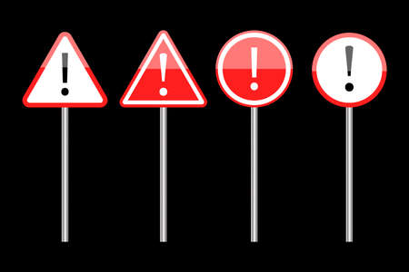 Red danger icon on a column. Warning road signs. Black background. Highway road. Vector illustration. Stock image.のイラスト素材