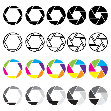 Cameras shutter icons collection. Black and colored signs. Photo studio emblems. Vector illustration. Stock image.のイラスト素材