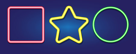 Neon geometric figure icon set. Pink square. Yellow star. Green circle. Glowing effect. Vector illustration. Stock image.のイラスト素材