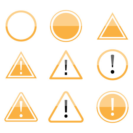 Yellow warning signs blank. Golden danger icon set. Triangle and circle road mark. Vector illustration. Stock image.のイラスト素材