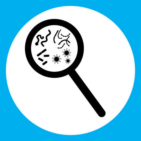 Magnifying glass with bacteria. White circle on blue background. Medicine concept. Vector illustration. Stock image.のイラスト素材