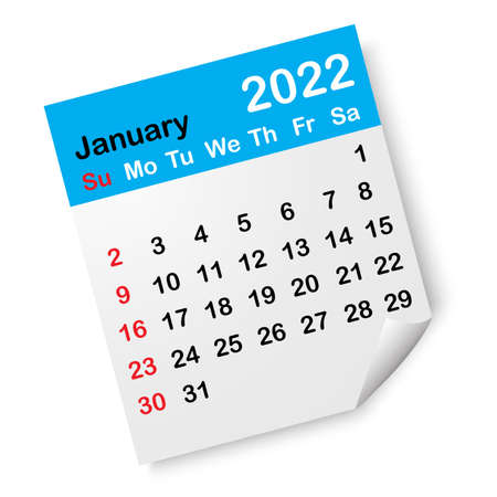 January blue calendar page. Winter 2022. Wall design. Holiday day. Organizing concept. Vector illustration. Stock image.のイラスト素材