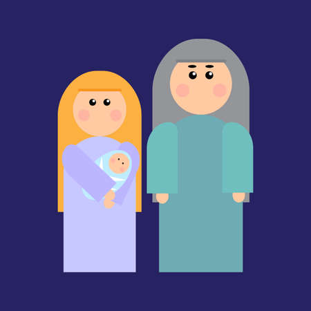 Cartoon christmas holy family. Flat design. Happy holiday night. Religion background. Vector illustration. Stock image.のイラスト素材