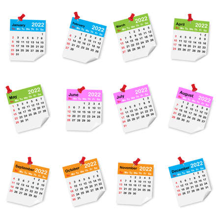 Colored 2022 calendar. Red drawing pin. Wall art. Business design. Simple flat icon. Vector illustration. Stock image.のイラスト素材