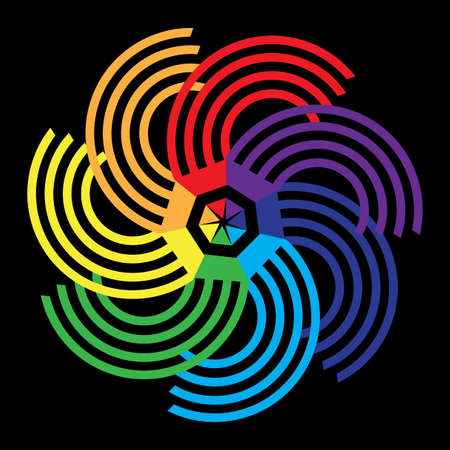 Colored polygon from pencil. Rainbow element. Curved semicircle. Black background. Vector illustration. Stock image.のイラスト素材