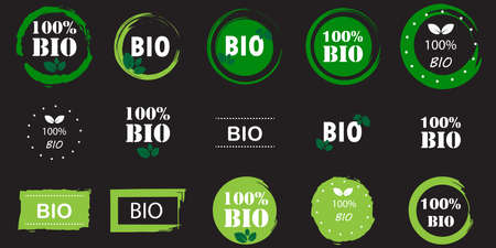 One hundred percent bio symbol set. Natural food. Black background. Health care. Vector illustration. Stock image.のイラスト素材